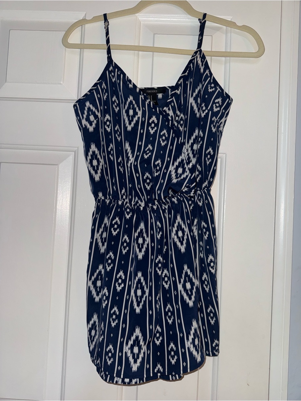 Forever 21 Navy and White Printed Spaghetti Strap Mini Dress